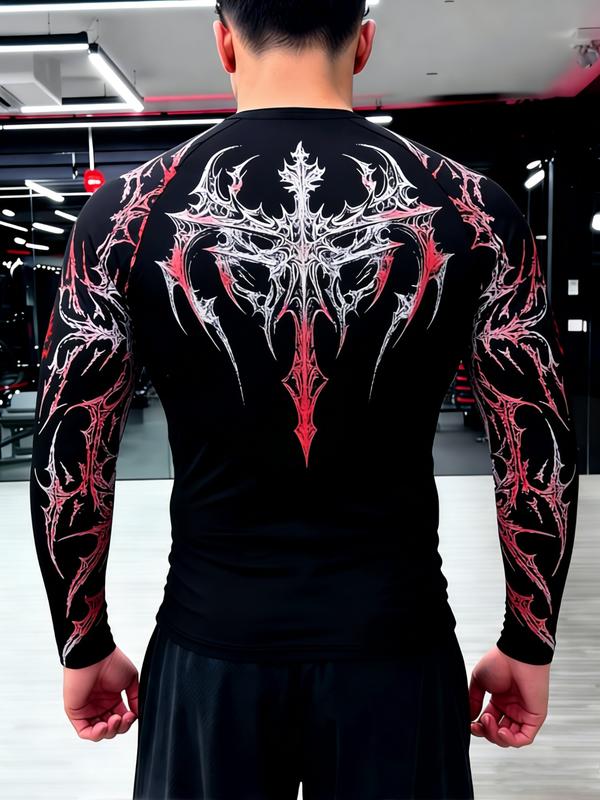 Men's Professional Sports Quick-Dry Fitness Shirt, Gothic Print Long Sleeve, High Elasticity, Round Neck, Moisture-Wicking, Running, Training, Daily Wear