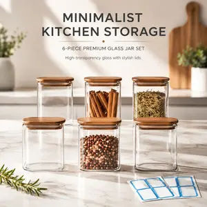 6-piece square food storage jar set, snack organizer, kitchen spice glass bottles, clear glass set, wide-mouth glass storage jars, party and wedding gifts.