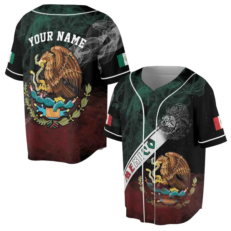 Custom Name Coat Of Arms Mexican Eagle Mexico Pride Smoke Baseball Jersey S-5XL