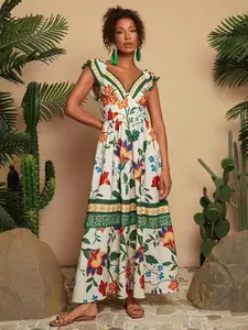 Boho Summer Beach Dress, Chic Floral Print V Neck Sleeveless Backless a Line Dress, Er051, Perfect for Vacation and Relaxing Days