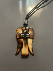 Angel Wing Mustard Seed Cross Necklace Handcrafted Laser-cut Birchwood Fire-painted Pendant with Stainless Steel Inlay 2" Tall