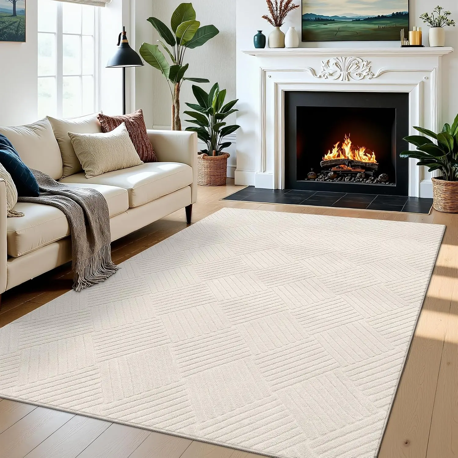 [Back to School] HEBE Non-Customised Polyester Plush Geometric Weave Area Rug, Thick, Non-Slip, Wrinkle-Resistant Beige Boho Accent Carpet for Living Room, Dorm, Tufted Texture