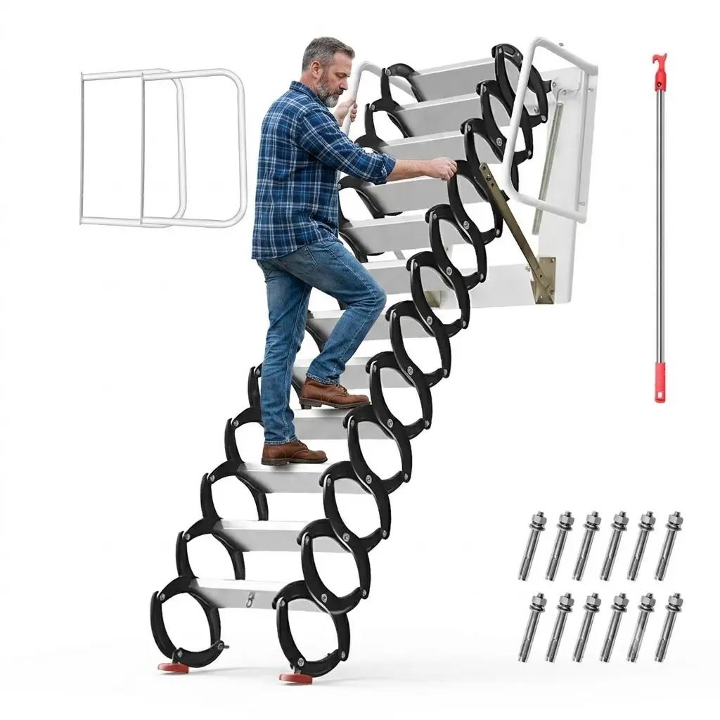 Pull Down Attic Ladder 10FT Folding Loft Ladder, 12-Step Heavy Duty 1102 LBS Aluminum Alloy Ceiling Ladder with Handrails, Anti-Slip Retractable Stair for Attic, Garage & Basement Access