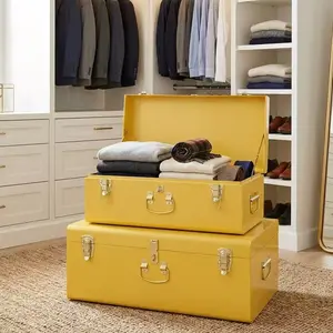 Yellow Metal Nesting Trunks (Set of 2) - Aesthetic Storage Box with Handles, Bright Room Decor Memory & Graduation Keepsake Organizer Chest