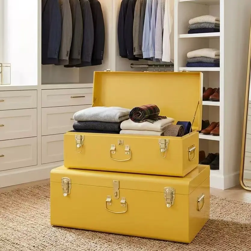Yellow Metal Nesting Trunks (Set of 2) - Aesthetic Storage Box with Handles, Bright Room Decor Memory & Graduation Keepsake Organizer Chest