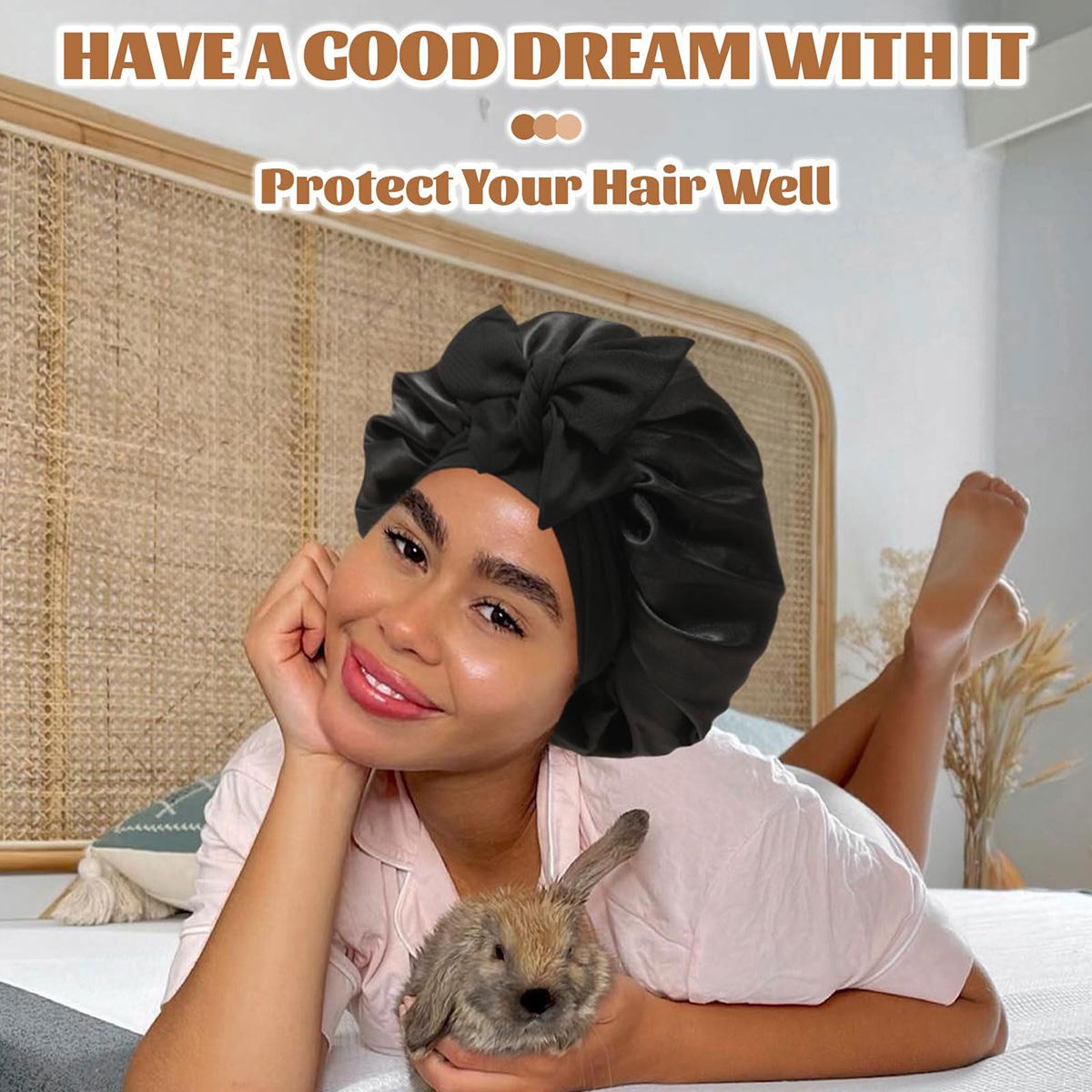 AWAYTR Satin Bonnet for Sleeping Silk-Like Sleep Cap Double Layer Hair Bonnet with Elastic Tie Band for Curly Hair Night Cap