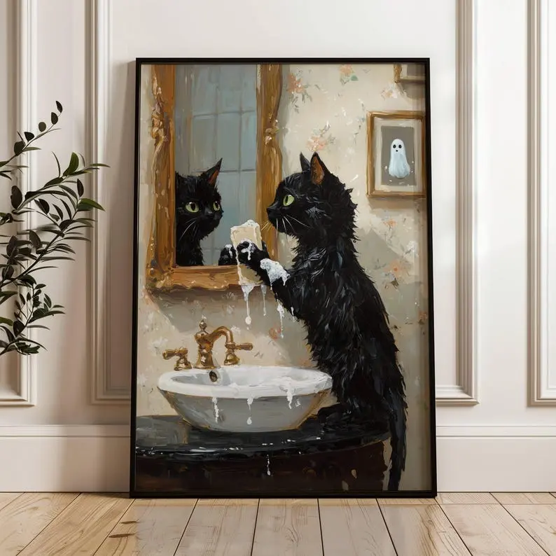Black Cat Washing Paws in Bathroom Poster, Cute Cat Bathroom Decor,
