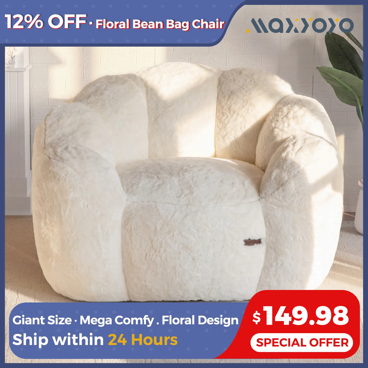 MAXYOYO Bean Bag Chair for Adults, Floral Shaped Bean Bag Sofa, Ultra Soft Faux Fur Floor Sofa with Petal Back, Reading Chair Stuffed Lazy Sofa for Li