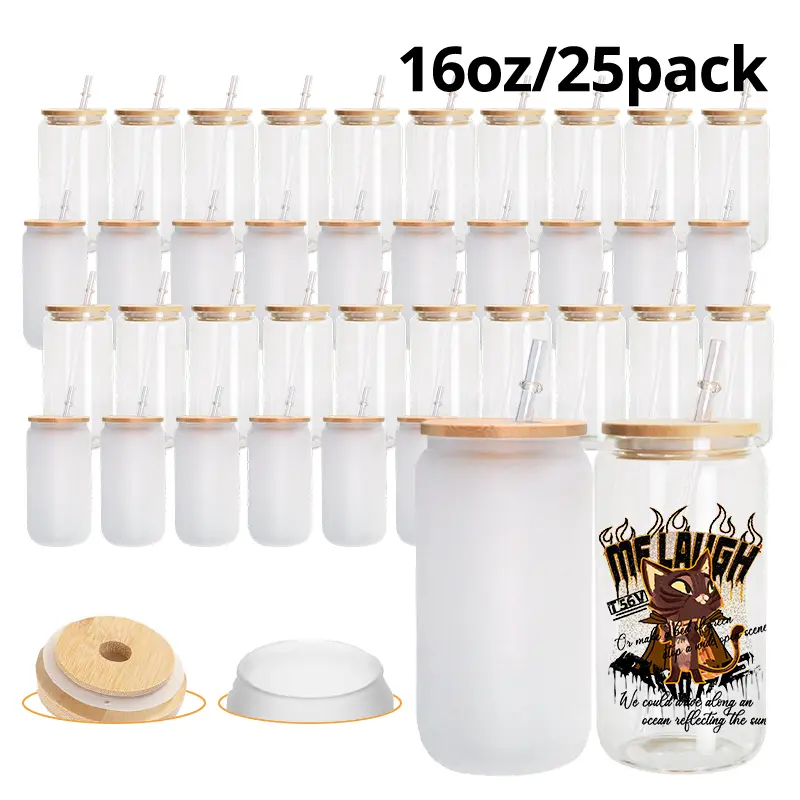 Crafix 25-Pack 16oz Clear/Frosted Sublimation Insulated Glass Tumbler Bottles, Portable, Bamboo Lid, Washable Plastic Straws, Reusable Water Bottles, Festive Gift Container