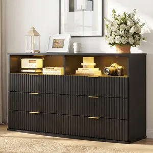 Loomie Fluted 6-Drawer Dresser with Charging Station and LED Lights, Modern Black Chest of Drawers with Curved Top and Gold Metal Handles, Dresser TV Stand Double Dresser for Bedroom, Living Room