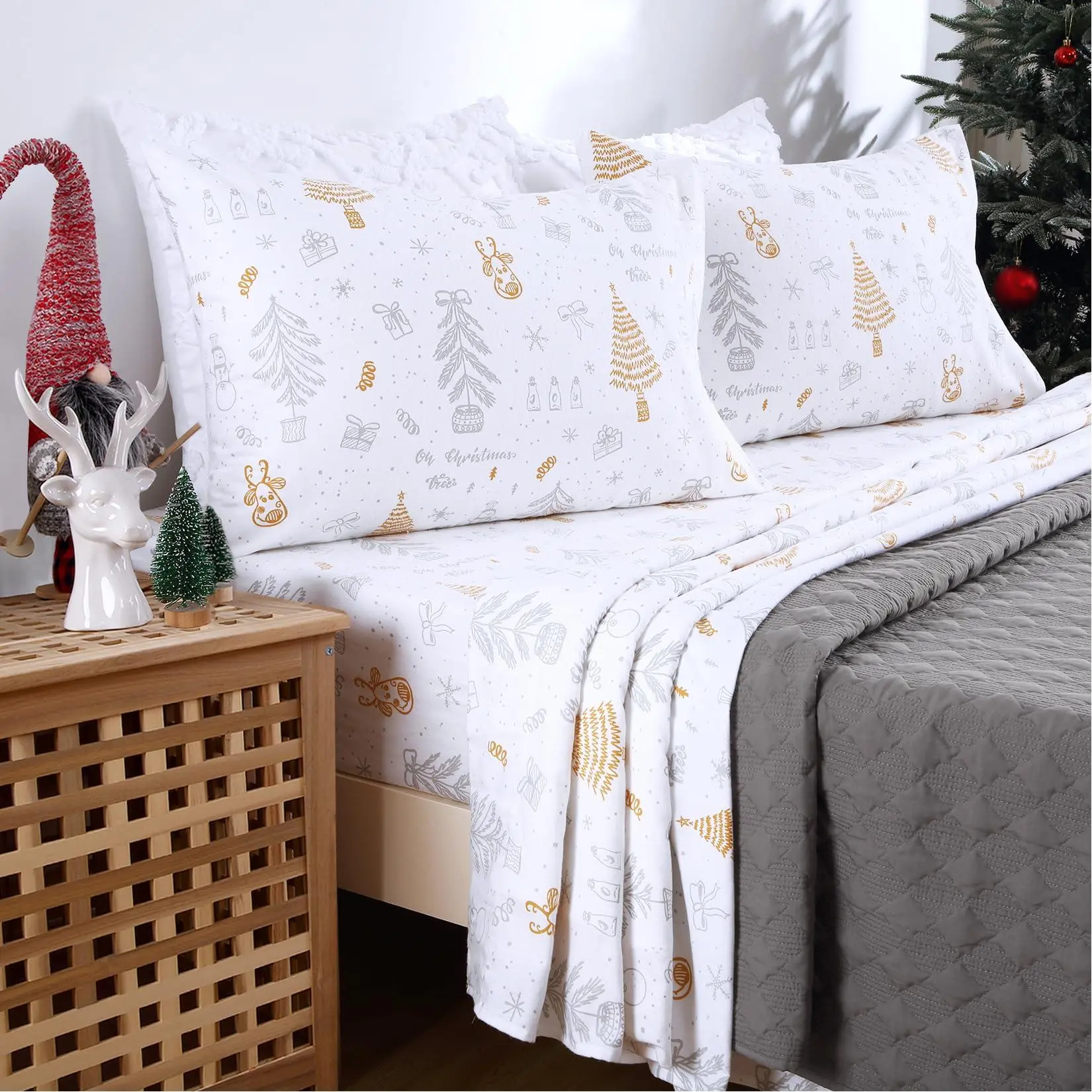 Gaomon King Size Christmas Soft Brushed Microfiber Bed Sheet Set - 16 in Deep Pocket Fitted Sheet, Winter Holiday Tree-Patterned King Bed Set