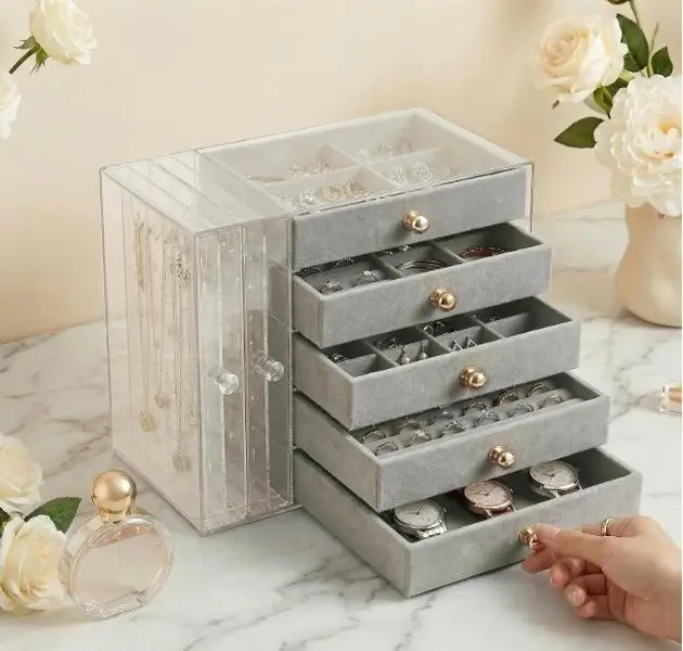 Jewelry Storage Box with Clear Acrylic Display and Drawers Dust-Proof Jewelry Storage Box for Necklaces, Earrings, Rings, and Bracelets Elegant Desktop Organizer Suitable for Vanity Tables, Bedrooms, or Desks  Gray