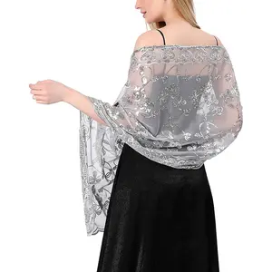 Sequin Floral Shawls and Wraps for Evening Dresses,Women sparkly Sheer Mesh Wedding Shawls for Evening Party