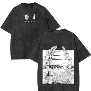 Retro Heavy Limited Chainsaw Man Anime Double Printed Washed Tee Unisex Anime Manga Washed Heavyweight Cotton T-shirt, Anime Lover Menswear Fabric Top Vintage Fashion