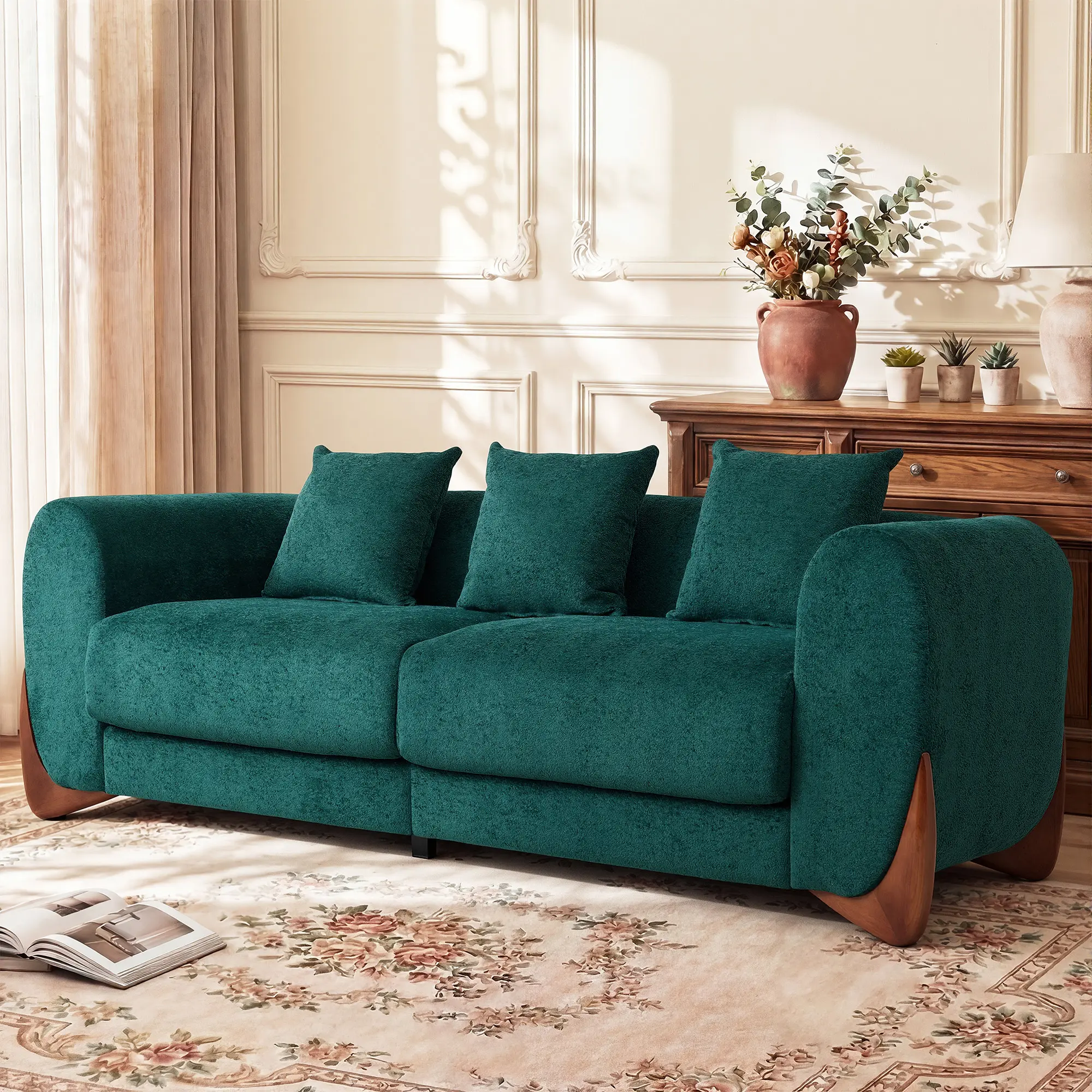 WELAX 25.2" Deep Seat Sofa | Luxury Green Coral Fleece Fabric Couch | 9" Thick Cushion w/ Supportive Pocket Spring | Comfy Living Room Seating | Modern Cloud Aesthetic Loveseat | Muebles para Salas | Robot Vacuum Friendly | US Local Stock Fast Ship