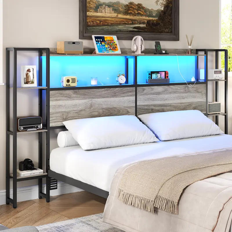 Headboard for Queen Size Bed with Storage, Headboards with Charging Station & LED Lights, Head Board with Side 3-Tier Storage Shelves & Bed Adapter for Bedroom, Height Adjustable