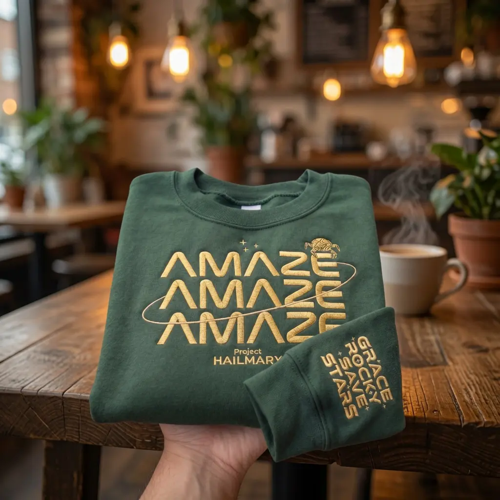 Project Hail Mary Embroidered Sweatshirt, Amaze Amaze Amaze Embroidery Shirt, Sleeve Embroidery Grace Rocky Save Stars, Unisex Crewneck Tee