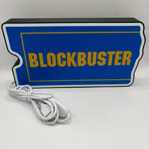 Blockbuster 10 Inch Blue LED Sign with Yellow and White Border Classic Design - Night Decor