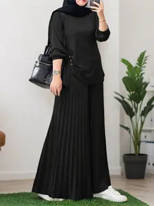 Women's Casual Suit Set, Matching Set Outfit, Irregular Design Top, Pleated Wide Leg Pants, Elastic Waist, Long Sleeve, High Waist, All Seasons, Palazzo Pants
