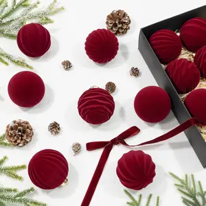 12 Pcs 3.15 Inch Velvet Christmas Tree Ornaments Bulk,Red Flocked Christmas Balls Plastic Shatterproof Xmas Hanging Ornaments Decorations Set for Tree Garland Wreath (Burgundy)