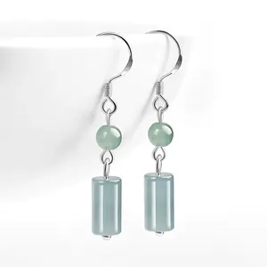 Sliver Natural Blue Water Jade Pillar Earrings Vintage Women's Style Gifts For Women High Quality Sterling Silver