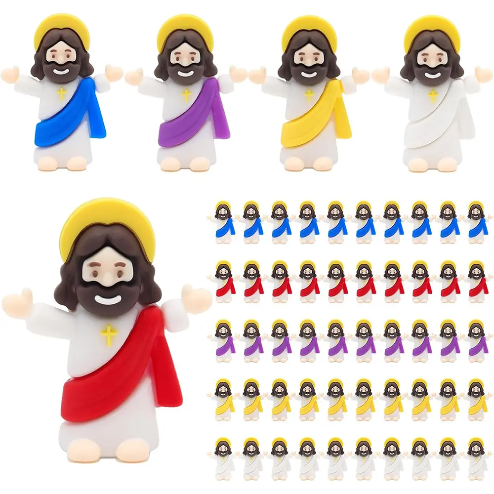 Cartoon-Style Mini Rubber Open Arms Jesus Figurines Set - Bulk 10-50Pcs Christianity Religious Decorations, Easter Home Decor, Sunday School Reward Gift