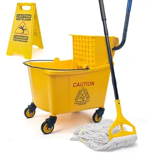 35 Qt Side Press Wringer Combo Commercial Mop Bucket  Wheels Set,Yellow,Include 1 Heavy Duty Industrial Mop for Floor Cleaning and Wet Floor Caution Sign
