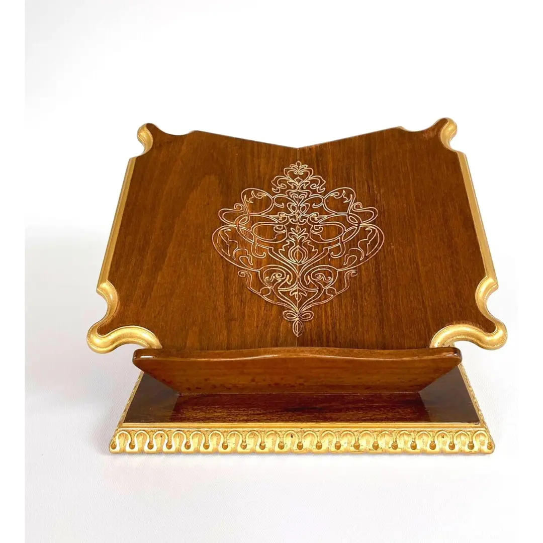 Lux Handmade MDF-Natural Pine Wood Freestanding Book Stand - Carved Design, Personalized Touch, Elegant Office Desk Organizer, Bible Holder, Teak Oil Finish, Customizable Office Stationery Accessory