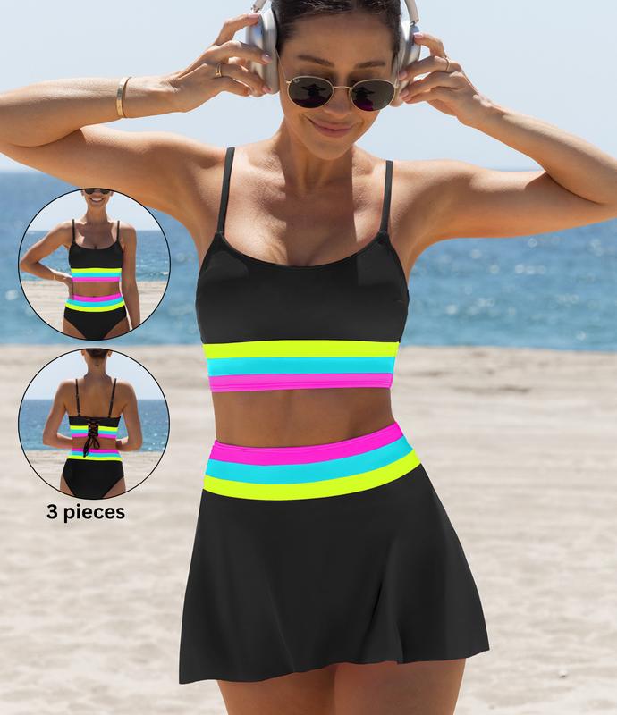 Popvil Patchwork Sporty 3 Piece Bikini Sets,Tummy Control & High Waisted Swimsuit with Wide Shoulder Straps