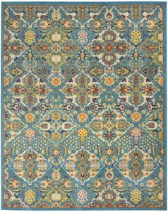 212 MAIN Blue Floral Motif Power-Loom Rectangle Decorative Area Rug, 8x10ft Size Low Pile Height, Bohemian Style with Boho Vibes for Indoor Living Room Use