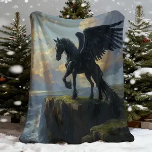 Dreamy French Style Flannel Blanket - Ultra-Soft Flying Horse Design Bedspread, Black Horse Print, Cozy Winter Bed Gifts, Bedspread Suitable Seasons, Warmth Decor, Birthday Mother's Day Size 70x140cm/27. 56x55. 12 In