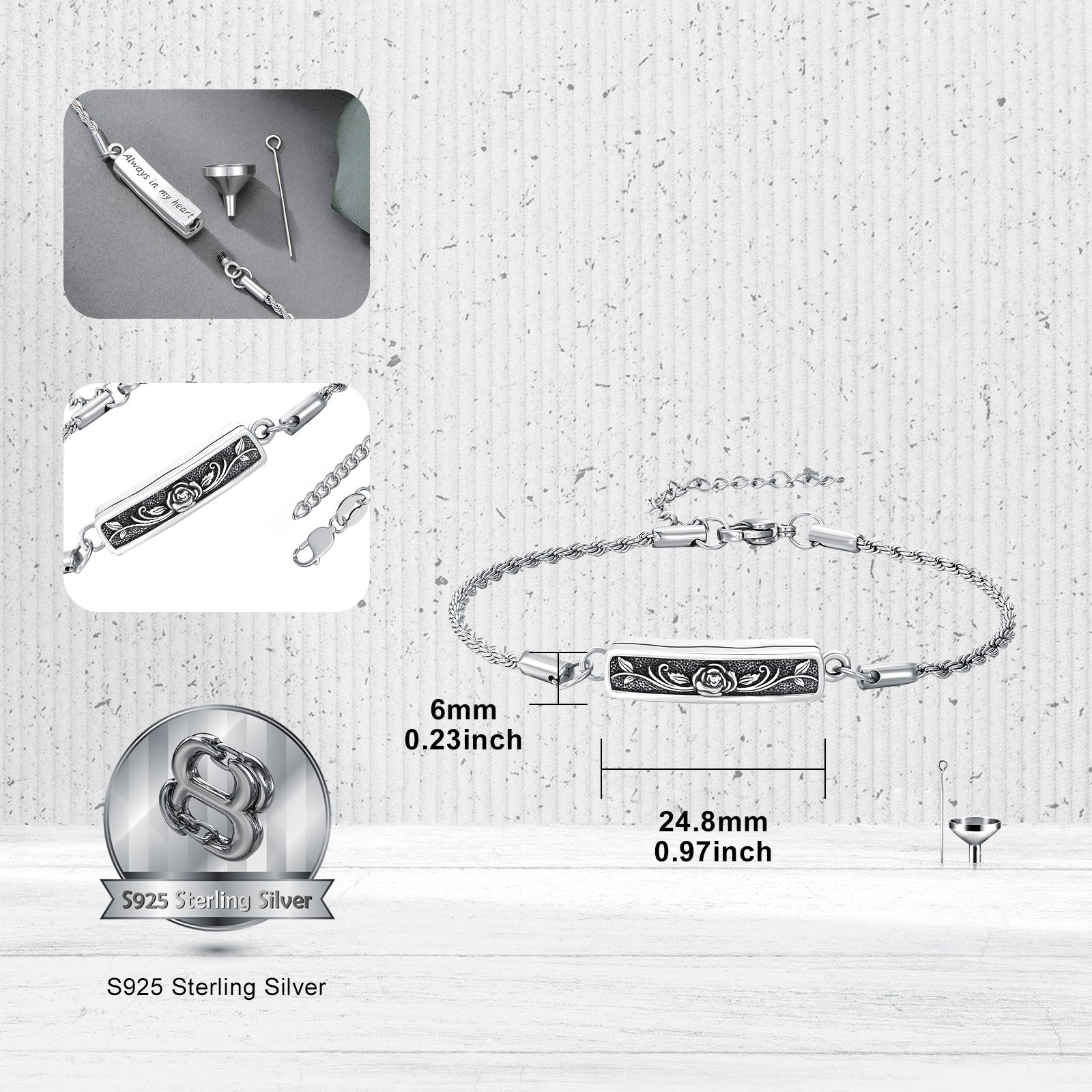 MEIDERBO Dream Chaser Rose Urn Bracelet 925 Sterling Silver Holds Ashes Flower Pendant Bella Chain Stainless Steel Rope Chain 7+2 Inch Memorial Jewelry