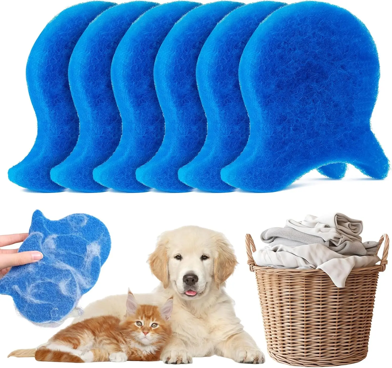 Adorable Ergonomic Small Fish Shape Pet Hair Remover Brush - 360° Powerful Suction Vacuum Lint Roller, Reusable Wet-Dry No-Clog Cleaner (6PCS Pet Grooming Kit Baskets) Safe for All Fabrics, for Bed, Curtains, Family Use