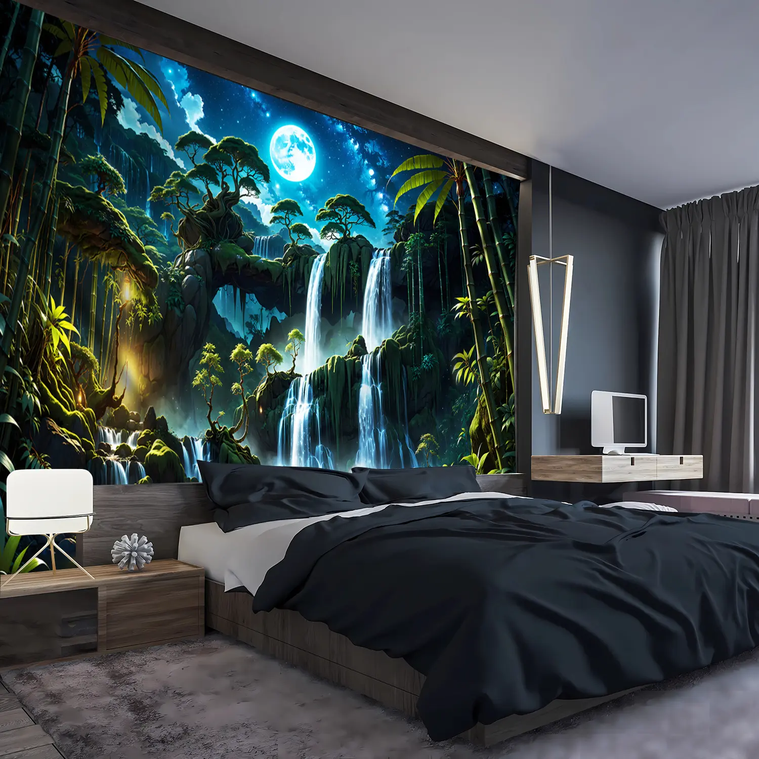 1pc Extra Large Tranquil Forest Waterfall Moon Landscape Photo Tapestry, Polyester Aesthetic HD Print Wall Hanging, Living Room Bedroom Office Home Party Decor, No Installation Needed, Bedroom Decoration |       Moonlit Waterfall Scene |       Plush Textu