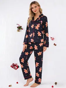 Women's Christmas Print Long Sleeve Pajama Set, Cartoon Pattern Sleepwear, Four Seasons Comfortable Loungewear