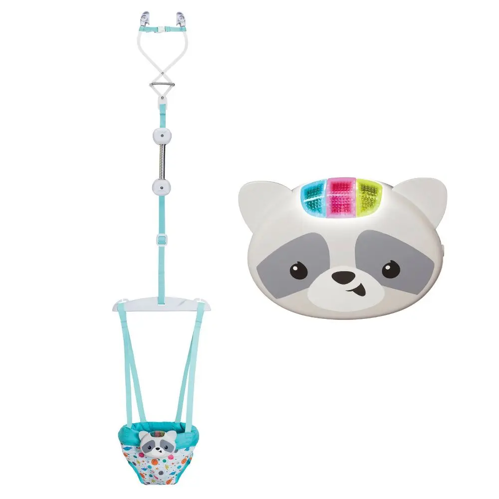 Infantino Up and Away Music-and-Lights Doorway Baby Jumper, Interactive Baby Toy, Polyester Mix Raccoon Theme Design, 15.5in (h) x 7in (w) x 4.5in (d)