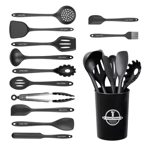 Chef Power Kitchen Cooking Utensils Set, 13pcs Non-Stick Silicone Cooking Kitchen Utensils Spatula Set with Holder, Turner Tongs,Spatula,Spoon,Brush,Kitchen Utensil Gadgets Tools Set for Nonstick Cookware,Dishwasher Safe (BPA Free)
