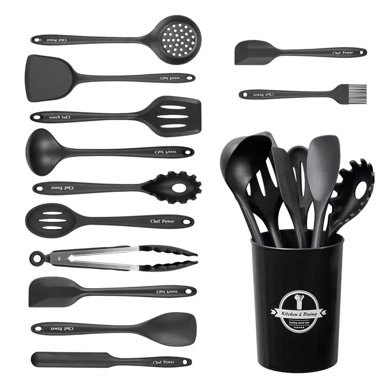 Chef Power Kitchen Cooking Utensils Set, 13pcs Non-Stick Silicone Cooking Kitchen Utensils Spatula Set with Holder, Turner Tongs,Spatula,Spoon,Brush,Kitchen Utensil Gadgets Tools Set for Nonstick Cookware, A Must-Have Gift for a New Kitchen