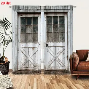 2D Flat Rustic Wooden Door Inspired Curtain Set for Farmhouse Decor, 2-Piece Set with Vintage Aged White Look, Weathered Texture, and Frosted Glass Panel Design, Perfect for Countryside or Retro Style Interiors