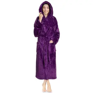 Women Hooded Plush Soft Robe, Fluffy Warm Fleece Sherpa Shaggy Bathrobe