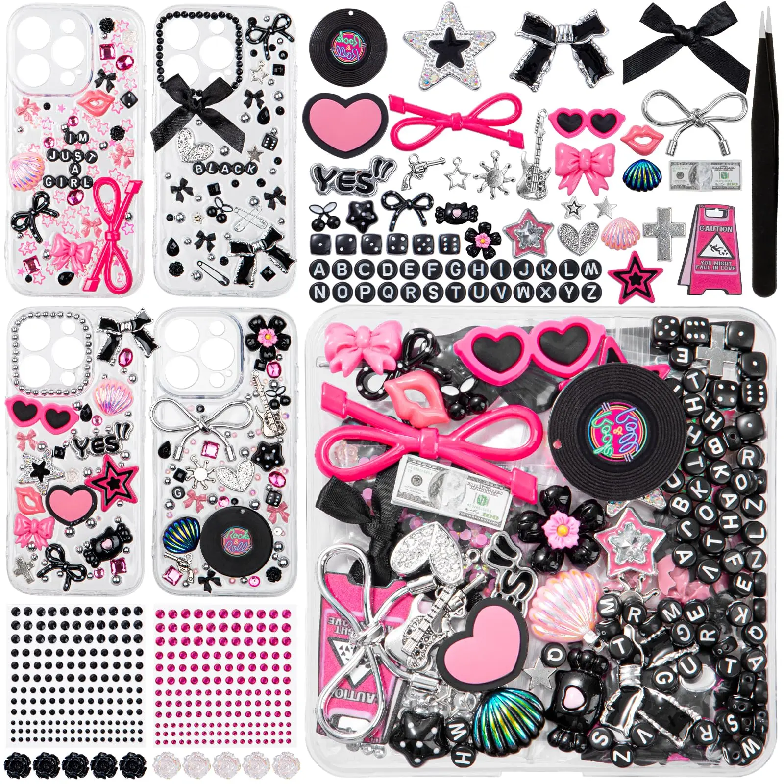 Junk Case Charms Kit, Junk Phone Case Charms, Charms for Customizing Cases, Kawaii Bow, Letter Beads, Nail Accessories, Flatback Pearls, Rhinestones, Cute Aesthetic Decor for DIY Craft Scrapbooking Jewelry Making