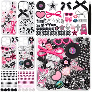 Junk Case Charms Kit, Junk Phone Case Charms, Charms for Customizing Cases, Kawaii Bow, Letter Beads, Nail Accessories, Flatback Pearls, Rhinestones, Cute Aesthetic Decor for DIY Craft Scrapbooking Jewelry Making