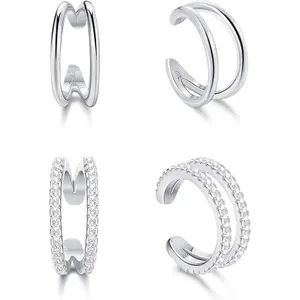 Sanfenly 4 PCS 925 Sterling Silver Ear Cuff Earrings Non-Piercing CZ Fake Cartilage Cuff Earrings Conch Cuffs Earrings for Women