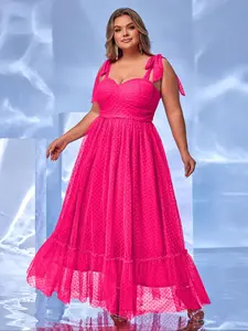 [Plus Size] Tie Shoulder Mesh Overlay Formal Evening Party Dress, Elegant Comfortable Long Dress for Birthday Party Prom Wedding Guest, Women's Summer Clothes, Womenswear