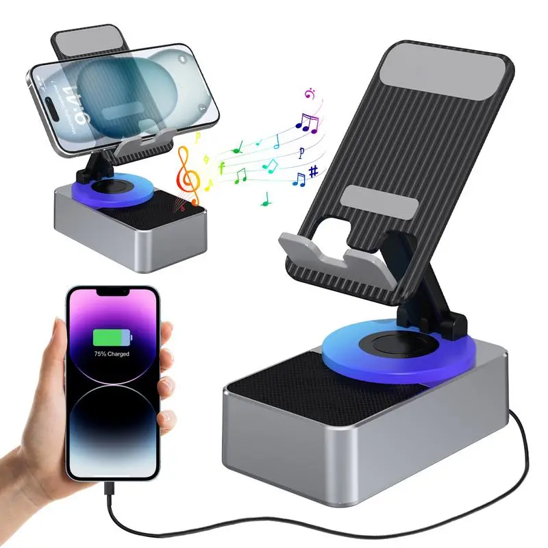 Mobile Phone Stand with Bluetooth Speaker, Adjustable Tablet Holder with Wireles Cell Phone Stand with Wireless Bluetooth Speaker and Anti-Slip Base HD Surround  Universal Cell Phone Tablet Desk Stand Holder Mount Cradle Adjustable Foldable Smartphone