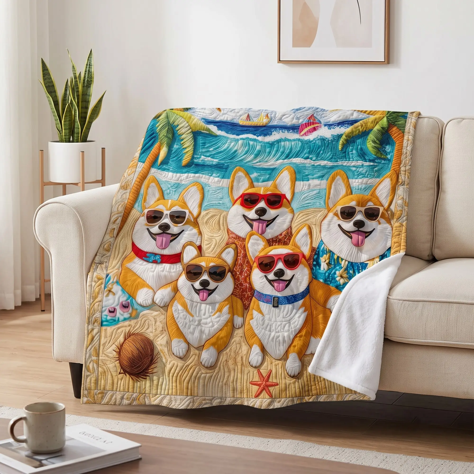 Corgi Dog Blanket Summer Beach Throw Blanket Faux 3D Quilt Flat Printed Tropical Ocean Cute Puppy Smooth Flannel Blanket for Couch Sofa Bed Lightweight Summer Home Decor Gifts