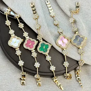 Women's Clover Watch Bracelet, Floral Rhinestone Crystal Colorful Wristwatch, Fashion Lucky Charm Gift for Her jam  tangan  wani