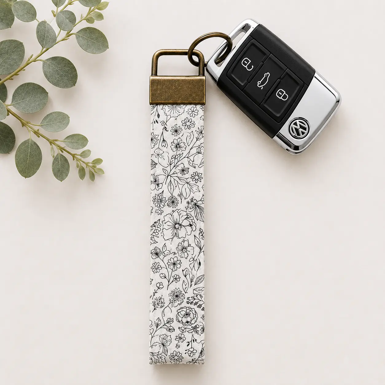 Black & White Floral Key Fob Wristlet | Antique Brass Hardware