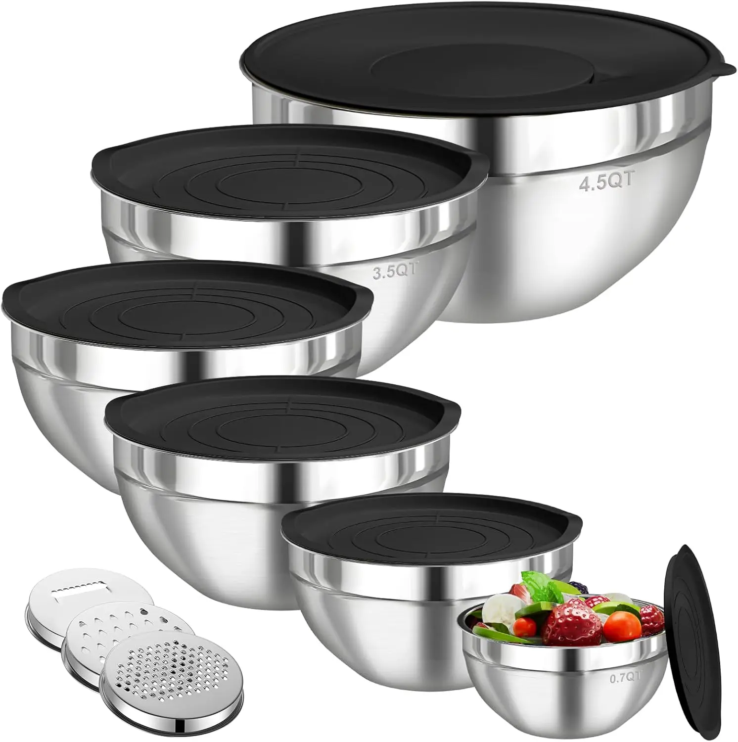 Mixing Bowls Set with Lids 6-Piece Stainless Steel Airtight Nesting Storage Bowls for Kitchen 4.5QT 3.5QT 2.1QT 1.5QT 1.1QT 0.7QT with 3 Graters Attachments Home Tableware