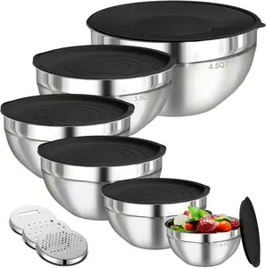 Mixing Bowls Set with Lids 6-Piece Stainless Steel Airtight Nesting Storage Bowls for Kitchen 4.5QT 3.5QT 2.1QT 1.5QT 1.1QT 0.7QT with 3 Graters Attachments Home Tableware